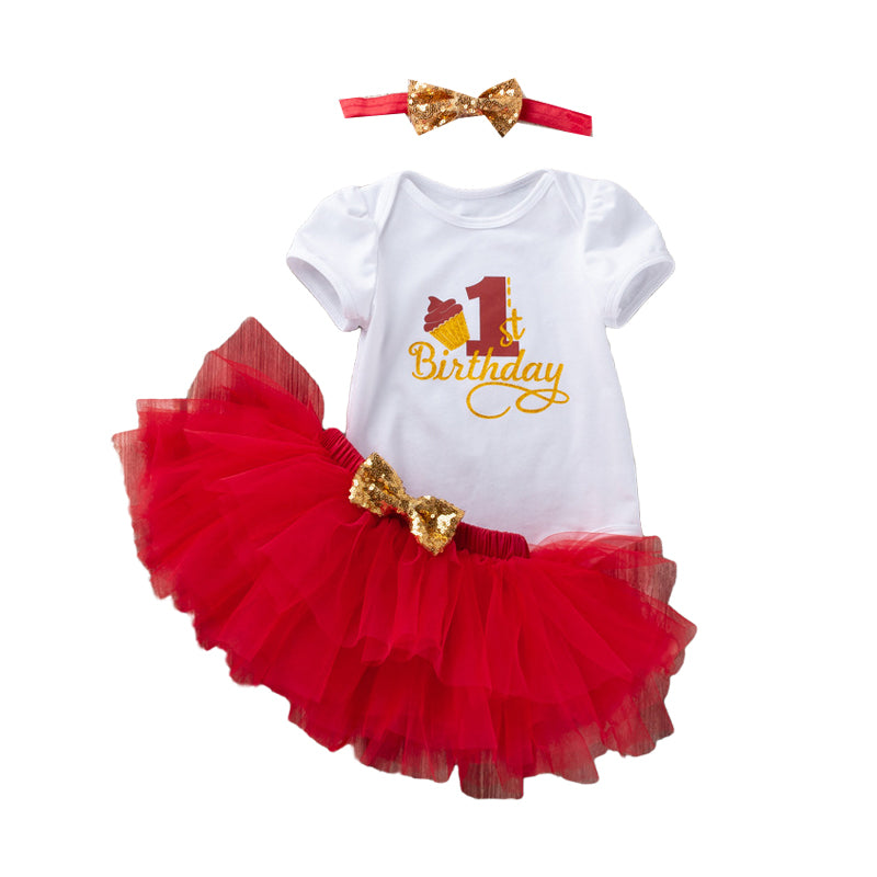 3 Pieces Set Baby Girls Birthday Letters Print Rompers Solid Color Skirts And Bow Headwear Wholesale 22052439