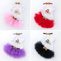 Load image into Gallery viewer, 3 Pieces Set Baby Girls Birthday Letters Print Rompers Solid Color Skirts And Bow Headwear Wholesale 22052439
