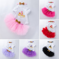 Load image into Gallery viewer, 3 Pieces Set Baby Girls Birthday Letters Print Rompers Solid Color Skirts And Bow Headwear Wholesale 22052439
