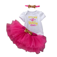 Load image into Gallery viewer, 3 Pieces Set Baby Girls Birthday Letters Print Rompers Solid Color Skirts And Bow Headwear Wholesale 22052439
