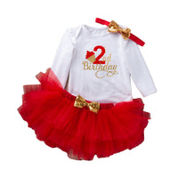 Load image into Gallery viewer, 3 Pieces Set Baby Girls Birthday Letters Print Rompers Solid Color Skirts And Bow Headwear Wholesale 22052441
