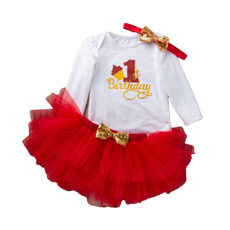 3 Pieces Set Baby Girls Birthday Letters Print Rompers Solid Color Skirts And Bow Headwear Wholesale 22052441