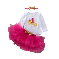 Load image into Gallery viewer, 3 Pieces Set Baby Girls Birthday Letters Print Rompers Solid Color Skirts And Bow Headwear Wholesale 22052441
