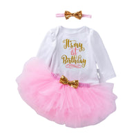 Load image into Gallery viewer, 3 Pieces Set Baby Girls Birthday Letters Print Rompers Solid Color Skirts And Bow Headwear Wholesale 22052441
