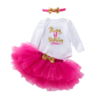 Load image into Gallery viewer, 3 Pieces Set Baby Girls Birthday Letters Print Rompers Solid Color Skirts And Bow Headwear Wholesale 22052441
