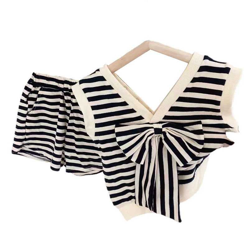 2 Pieces Set Baby Kid Girls Striped Bow Tops And Shorts Wholesale 220524425