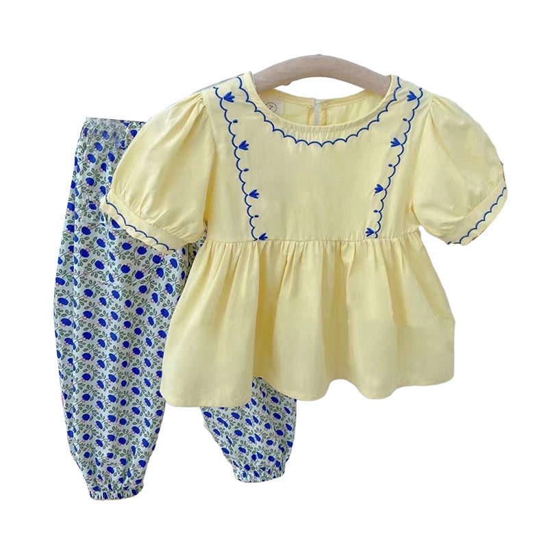 2 Pieces Set Baby Kid Girls Solid Color Blouses And Flower Pants Wholesale 220524454