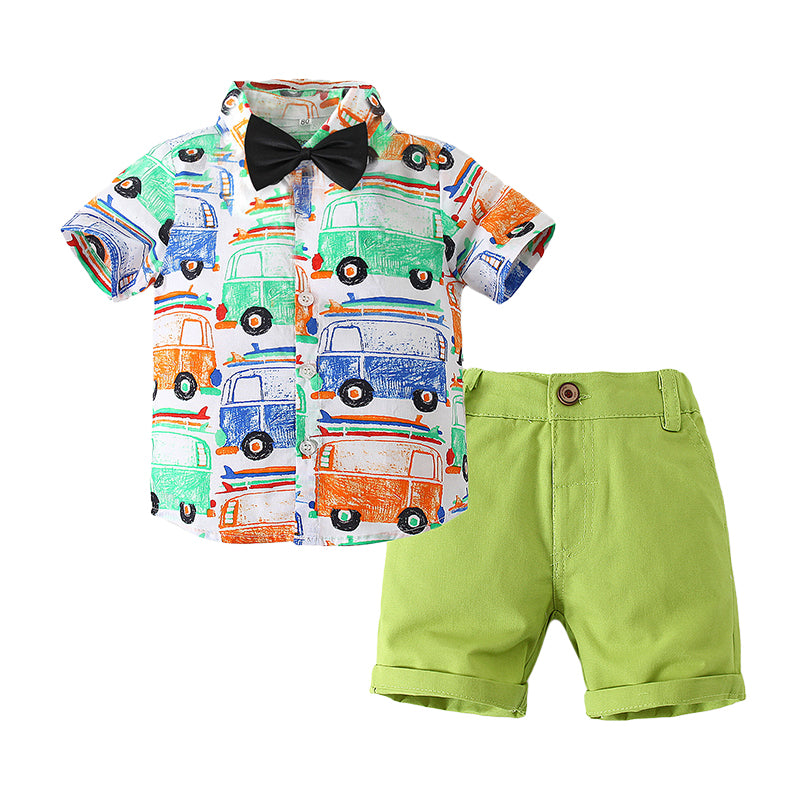 2 Pieces Set Baby Kid Boys Birthday Party Car Bow Print Shirts And Solid Color Shorts Wholesale 22052449