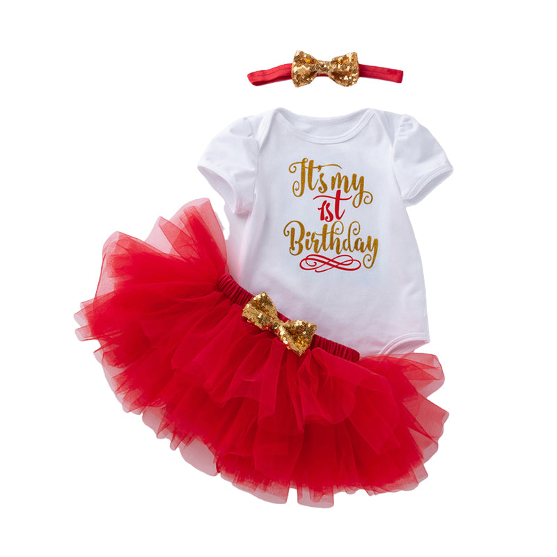 3 Pieces Set Baby Girls Letters Print Rompers Solid Color Skirts And Bow Headwear Wholesale 22052452