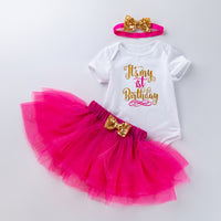 Load image into Gallery viewer, 3 Pieces Set Baby Girls Letters Print Rompers Solid Color Skirts And Bow Headwear Wholesale 22052452
