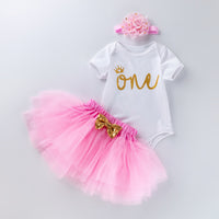 Load image into Gallery viewer, 3 Pieces Set Baby Girls Letters Print Rompers Solid Color Skirts And Bow Headwear Wholesale 22052452
