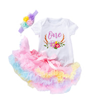 Load image into Gallery viewer, 3 Pieces Set Baby Girls Letters Print Rompers Solid Color Rainbow Skirts And Bow Headwear Wholesale 22052455
