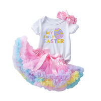 Load image into Gallery viewer, 3 Pieces Set Baby Girls Letters Print Rompers Solid Color Rainbow Skirts And Bow Headwear Wholesale 22052455
