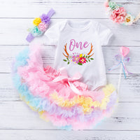 Load image into Gallery viewer, 3 Pieces Set Baby Girls Letters Print Rompers Solid Color Rainbow Skirts And Bow Headwear Wholesale 22052455

