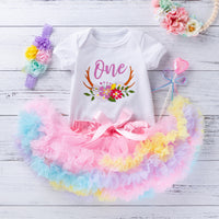 Load image into Gallery viewer, 3 Pieces Set Baby Girls Letters Print Rompers Solid Color Rainbow Skirts And Bow Headwear Wholesale 22052455
