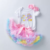 Load image into Gallery viewer, 3 Pieces Set Baby Girls Letters Print Rompers Solid Color Rainbow Skirts And Bow Headwear Wholesale 22052455
