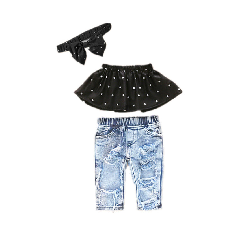 3 Pieces Set Baby Kid Girls Polka dots Print Tops And Ripped Jeans And Bow Headwear Wholesale 22052468