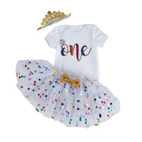 Load image into Gallery viewer, 3 Pieces Set Baby Girls Birthday Letters Print Rompers And Bow Skirts And Headwear Wholesale 22052469
