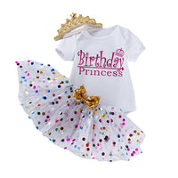 Load image into Gallery viewer, 3 Pieces Set Baby Girls Birthday Letters Print Rompers And Bow Skirts And Headwear Wholesale 22052469
