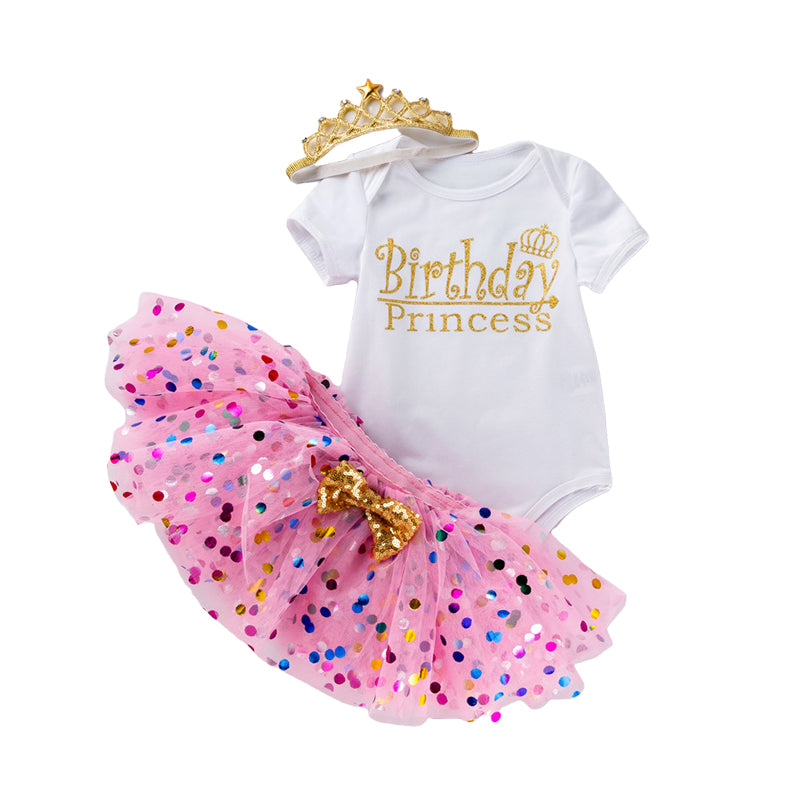 3 Pieces Set Baby Girls Birthday Letters Print Rompers And Bow Skirts And Headwear Wholesale 22052469