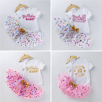 Load image into Gallery viewer, 3 Pieces Set Baby Girls Birthday Letters Print Rompers And Bow Skirts And Headwear Wholesale 22052469
