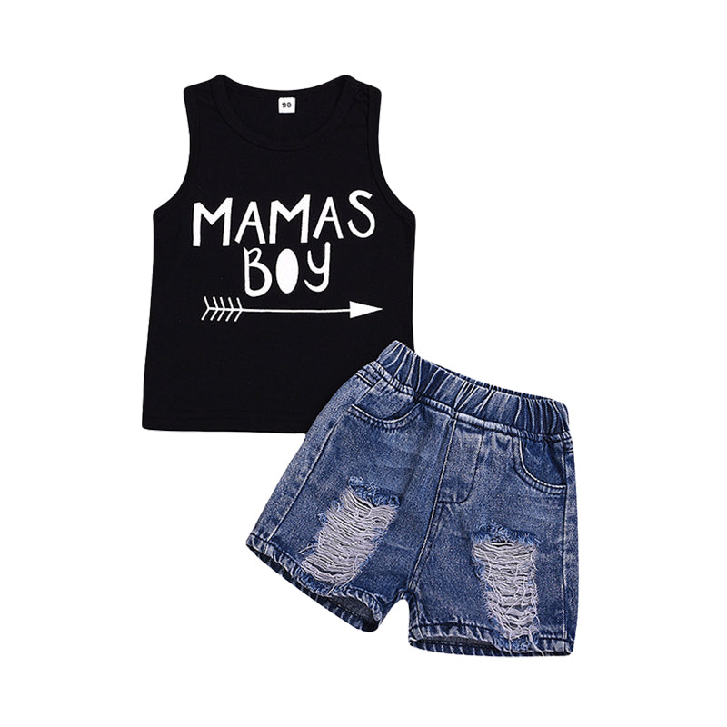 2 Pieces Set Baby Kid Boys Letters Print Tank Tops And Ripped Shorts Wholesale 22052490