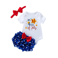 Load image into Gallery viewer, 3 Pieces Set Baby Girls Independence Day Letters Print Rompers Star Bow Shorts And Headwear Wholesale 22052493
