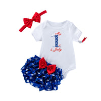 Load image into Gallery viewer, 3 Pieces Set Baby Girls Independence Day Letters Print Rompers Star Bow Shorts And Headwear Wholesale 22052493
