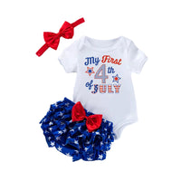 Load image into Gallery viewer, 3 Pieces Set Baby Girls Independence Day Letters Print Rompers Star Bow Shorts And Headwear Wholesale 22052493
