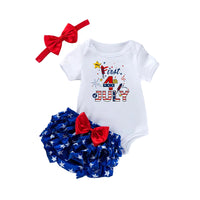 Load image into Gallery viewer, 3 Pieces Set Baby Girls Independence Day Letters Print Rompers Star Bow Shorts And Headwear Wholesale 22052493
