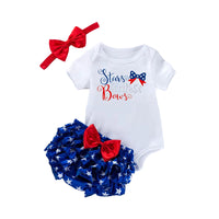 Load image into Gallery viewer, 3 Pieces Set Baby Girls Independence Day Letters Print Rompers Star Bow Shorts And Headwear Wholesale 22052493
