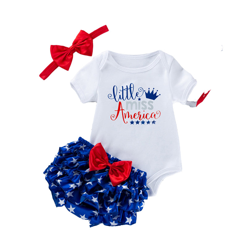 3 Pieces Set Baby Girls Independence Day Letters Print Rompers Star Bow Shorts And Headwear Wholesale 22052493