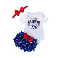 Load image into Gallery viewer, 3 Pieces Set Baby Girls Independence Day Letters Print Rompers Star Bow Shorts And Headwear Wholesale 22052493
