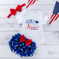 Load image into Gallery viewer, 3 Pieces Set Baby Girls Independence Day Letters Print Rompers Star Bow Shorts And Headwear Wholesale 22052493
