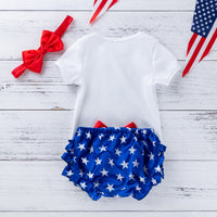 Load image into Gallery viewer, 3 Pieces Set Baby Girls Independence Day Letters Print Rompers Star Bow Shorts And Headwear Wholesale 22052493
