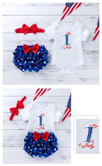 Load image into Gallery viewer, 3 Pieces Set Baby Girls Independence Day Letters Print Rompers Star Bow Shorts And Headwear Wholesale 22052493
