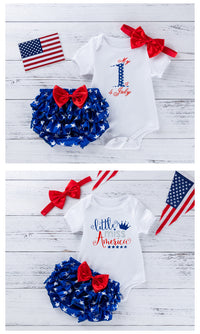 Load image into Gallery viewer, 3 Pieces Set Baby Girls Independence Day Letters Print Rompers Star Bow Shorts And Headwear Wholesale 22052493
