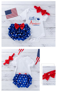 Load image into Gallery viewer, 3 Pieces Set Baby Girls Independence Day Letters Print Rompers Star Bow Shorts And Headwear Wholesale 22052493
