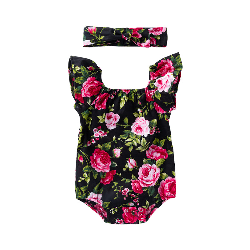 Baby Girls Flower Plant Print Rompers Accessories Headwear Wholesale 22052495