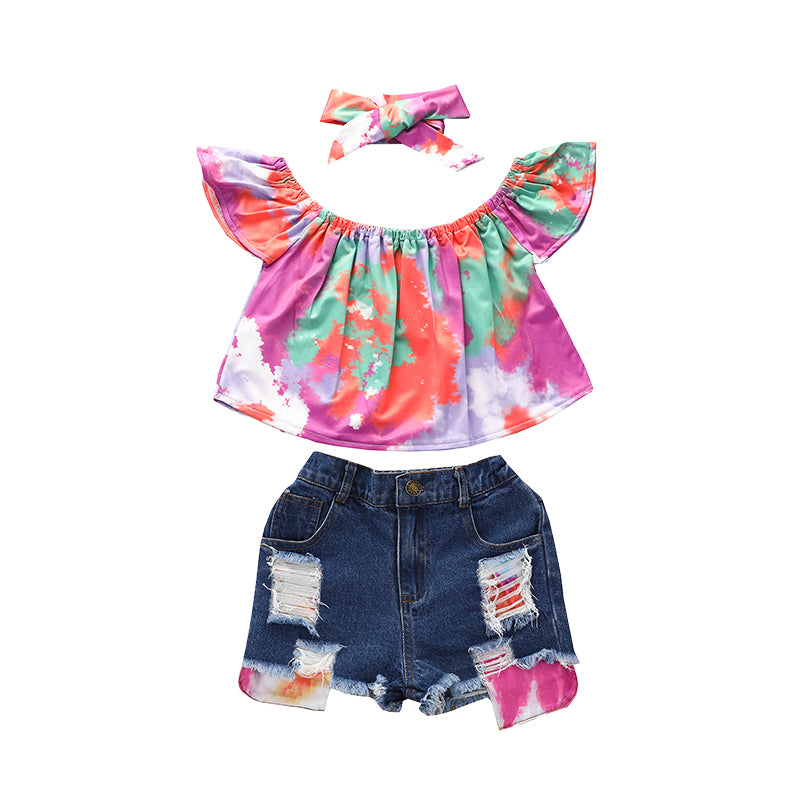 3 Pieces Set Baby Kid Girls Color-blocking Camo Tops Ripped Shorts And Headwear Wholesale 22052498