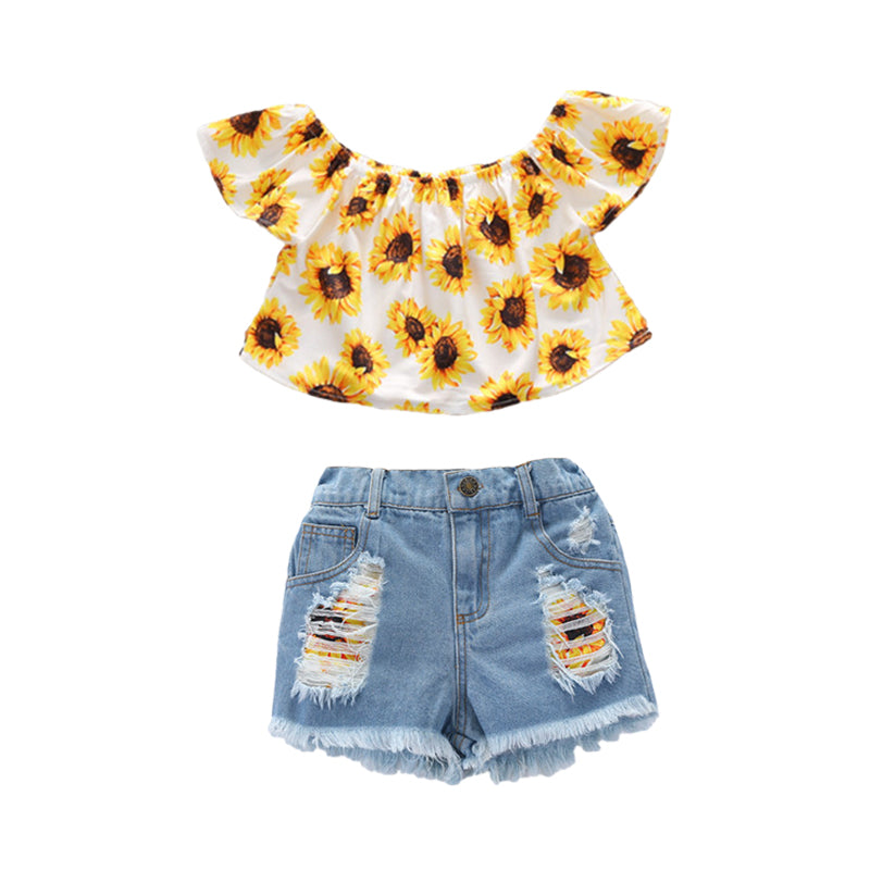 3 Pieces Set Baby Kid Girls Flower Print Tank Tops Ripped Shorts And Headwear Wholesale 22052499