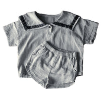 Load image into Gallery viewer, 2 Pieces Set Baby Kid Unisex Color-blocking Tops And Solid Color Shorts Wholesale 220526127
