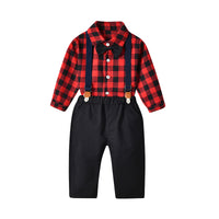 Load image into Gallery viewer, 2 Pieces Set Baby Kid Unisex Dressy Checked Bow Shirts And Solid Color Jumpsuits Wholesale 220526162
