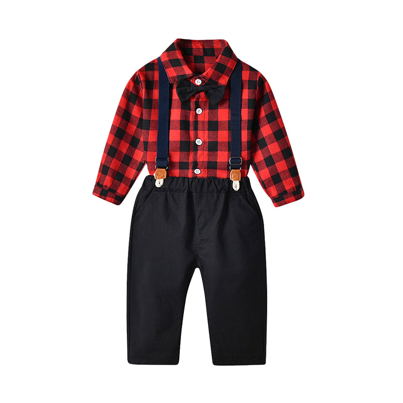 2 Pieces Set Baby Kid Unisex Dressy Checked Bow Shirts And Solid Color Jumpsuits Wholesale 220526162