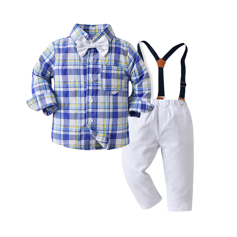 2 Pieces Set Baby Kid Boys Birthday Party Checked Bow Shirts And Solid Color Jumpsuits Wholesale 220526174