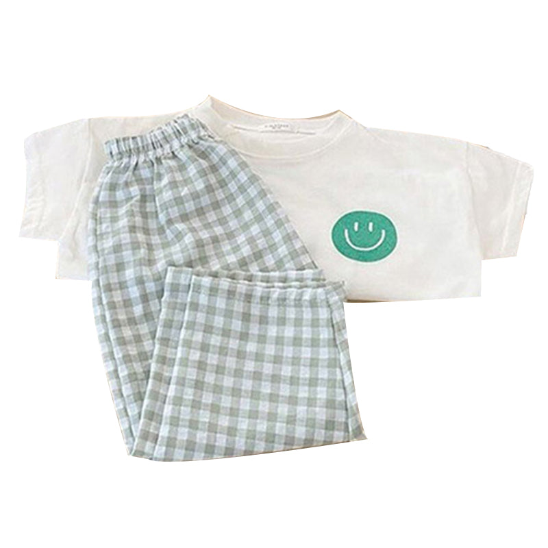 2 Pieces Set Baby Kid Unisex Expression T-Shirts And Checked Pants Wholesale 220526217