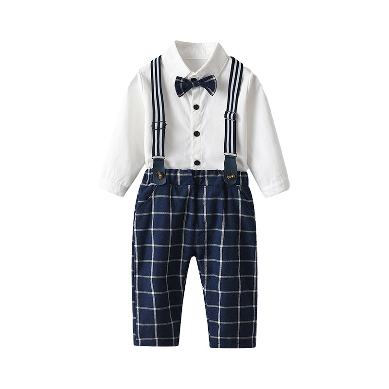 2 Pieces Set Baby Kid Boys Birthday Party Solid Color Bow Shirts And Checked Jumpsuits Wholesale 220526224