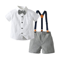 Load image into Gallery viewer, 2 Pieces Set Baby Kid Boys Solid Color Bow Shirts And Checked Shorts Suits Wholesale 22052625
