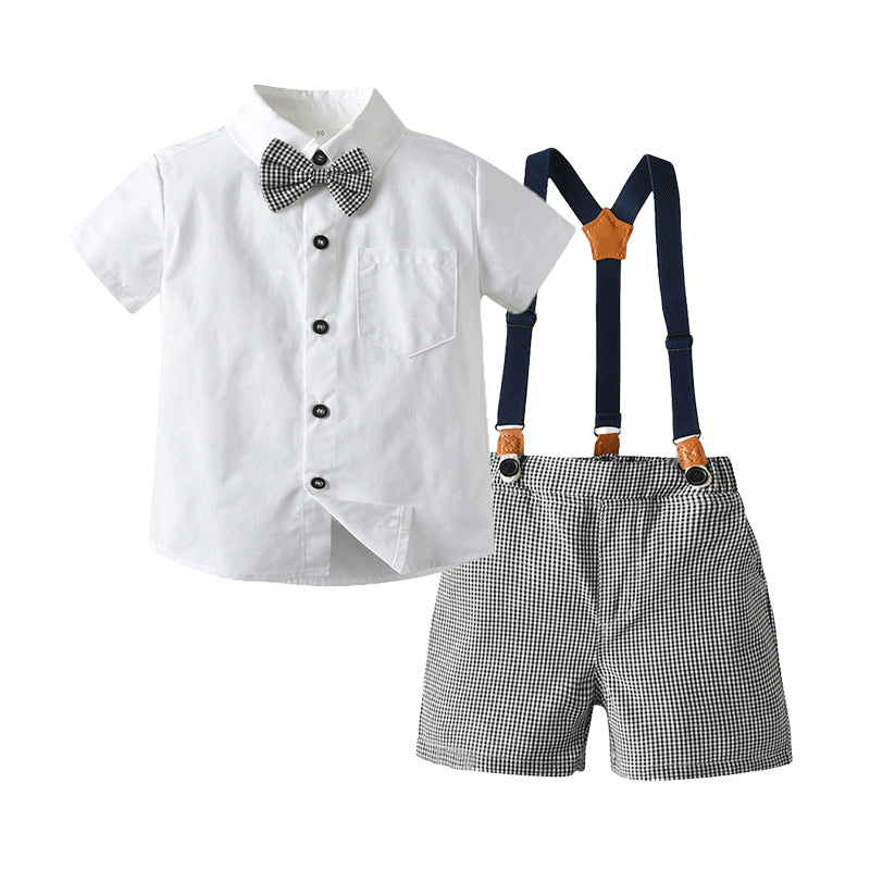 2 Pieces Set Baby Kid Boys Solid Color Bow Shirts And Checked Shorts Suits Wholesale 22052625