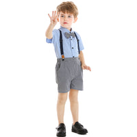 Load image into Gallery viewer, 2 Pieces Set Baby Kid Boys Solid Color Bow Shirts And Checked Shorts Suits Wholesale 22052625
